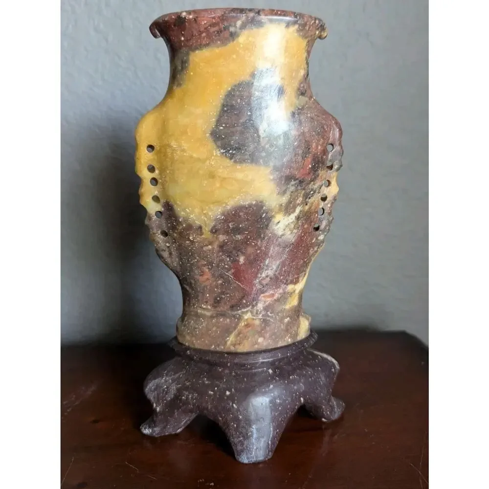 Vtg Chinese Hand Carved Soapstone Vase Pierced Floral Peony Carved Wood Stand 8
